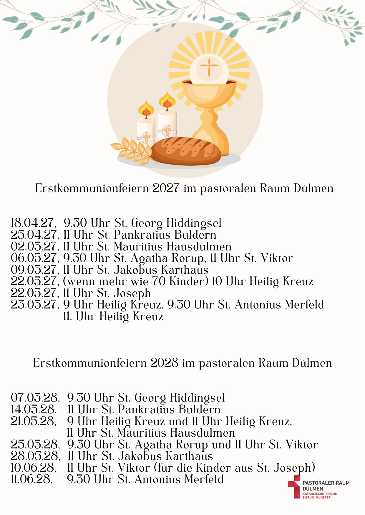 Erstkommunionfeiern in 2027 und 2028 im Pastoralen Raum Dülmen